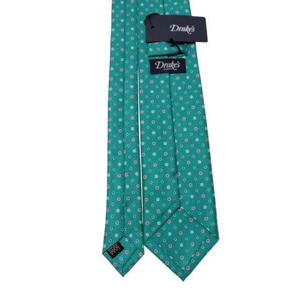 Drake's NWT Neck Tie in Teal Green with Red & Blue Geometric Pattern 100% Silk